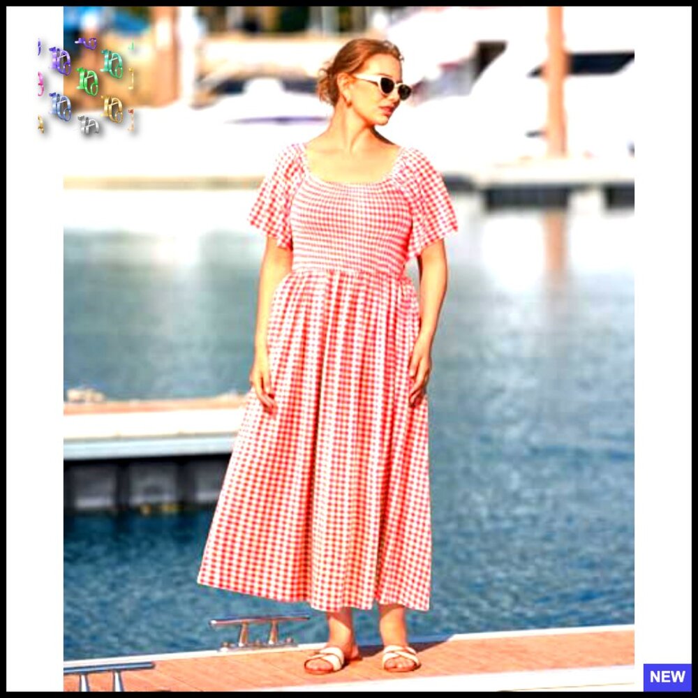 Square Neck Short Sleeve Smocked Maxi Dress Floral A-Line Plus Size Pocket - Picture 3 of 5